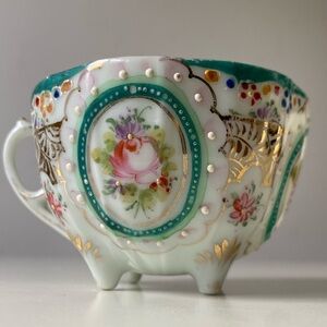Antique Hand Painted Floral Bone China Tea Cup with Gold Accents